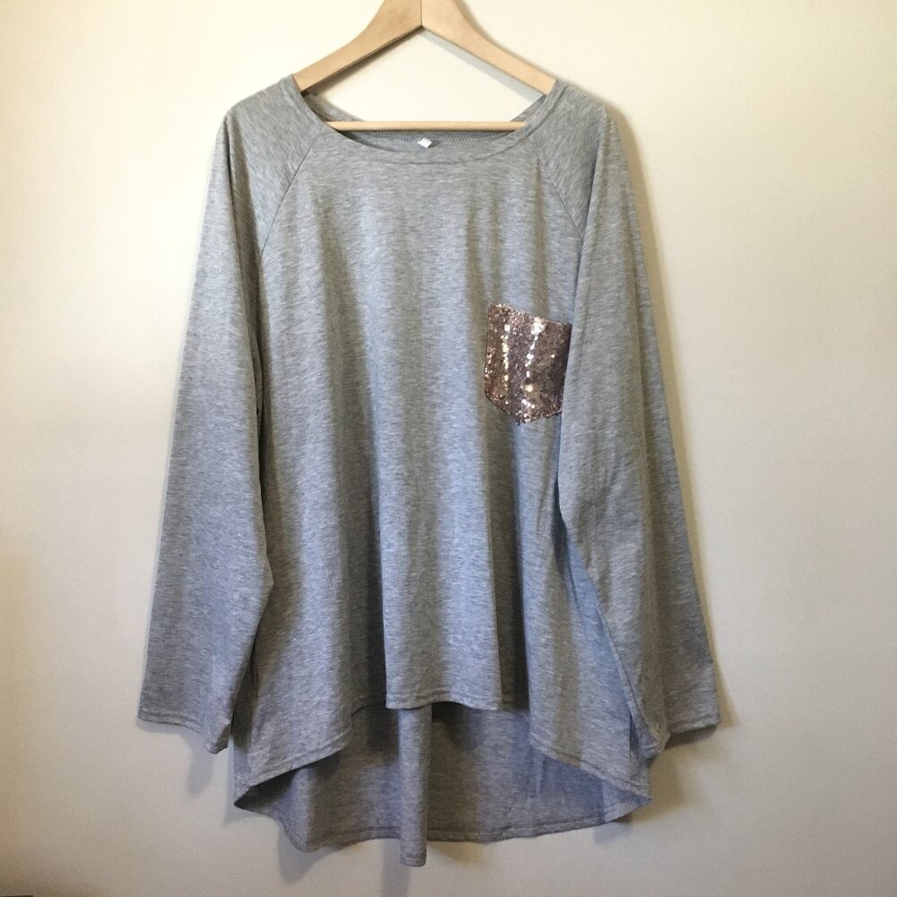 Heathered Grey High Low Top Rose Gold Sequin Pocket Shirt 4X Plus